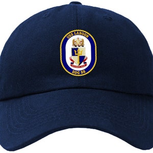 May include: A navy blue baseball cap with a gold embroidered patch featuring the USS Laboon crest and the text "USS LABOON DDG 58".
