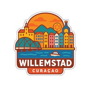Op de afbeelding: Een sticker met een kleurrijke illustratie van Willemstad, Curaçao. Het ontwerp toont een brug, gebouwen, een boot en een zonsondergang. De tekst "WILLEMSTAD CURAÇAO" staat prominent onderaan.