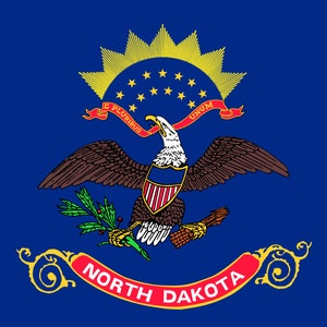 May include: The official flag of North Dakota features a blue background with a golden sunburst and 13 stars. A bald eagle with a red, white, and blue shield on its chest is holding a sprig of green leaves. The words "E PLURIBUS UNUM" and "NORTH DAKOTA" are written in red and gold on a white ribbon.