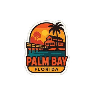 May include: A sticker depicting a sunset scene with a house, palm tree, and pier over water. The text "PALM BAY FLORIDA" is in a bold, orange font. The design has a retro, travel-themed aesthetic.