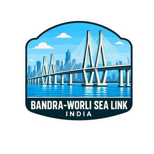 May include: A graphic sticker featuring the Bandra-Worli Sea Link bridge in India. The illustration shows the cable-stayed bridge over blue water with a city skyline in the background. The text BANDRA-WORLI SEA LINK INDIA is printed in white.