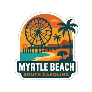 May include: A sticker featuring a Myrtle Beach, South Carolina design. The image includes a Ferris wheel, pier, palm trees, and the text "MYRTLE BEACH SOUTH CAROLINA" in a dark green banner against a beach scene.
