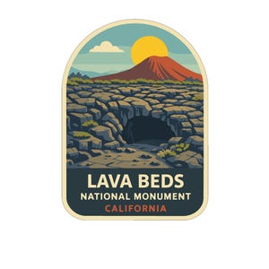Puede incluir: Un parche de estilo vintage que representa el Monumento Nacional Lava Beds en California. El diseño incluye un volcán rojo, un sol amarillo y un terreno rocoso con una entrada a una cueva. Se muestra el texto "LAVA BEDS NATIONAL MONUMENT CALIFORNIA".