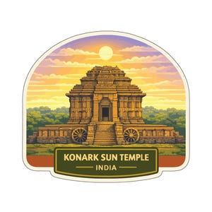 May include: A sticker featuring the Konark Sun Temple in India. The illustration depicts the temple with a golden sunset in the background. The text "Konark Sun Temple India" is displayed on a green banner.