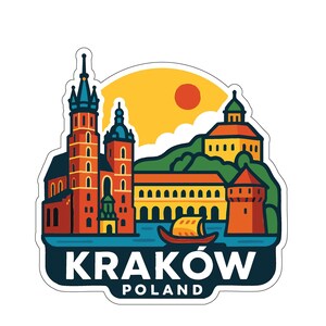 May include: A colorful sticker featuring a stylized illustration of Kraków, Poland. The design includes iconic buildings, a boat, and the text "KRAKÓW POLAND" in white on a navy blue background, with a yellow sun.