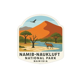 May include: A sticker featuring a desert landscape with an orange dune, trees, and an antelope. The text "NAMIB-NAUKLUFT NATIONAL PARK NAMIBIA" is at the bottom. A bird flies in the sky above the dune.