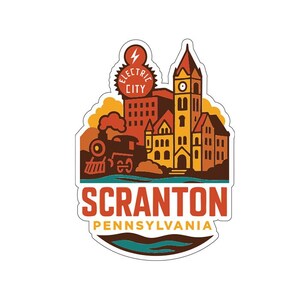 Puede incluir: Una pegatina con una ilustración estilizada de Scranton, Pensilvania. El diseño incluye un tren, edificios y el texto "Electric City" y "Scranton Pennsylvania" en un estilo vintage.