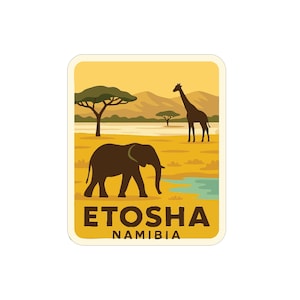 May include: A rectangular sticker featuring a savanna scene with an elephant and giraffe. The sticker has a yellow background with the words "ETOSHA NAMIBIA" in brown text.