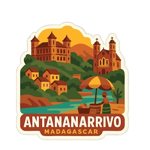 Puede incluir: Una pegatina con una ilustración estilizada de Antananarivo, Madagascar. El diseño incluye edificios, un río y un vendedor bajo una sombrilla. El texto "ANTANANARRIVO MADAGASCAR" se muestra en negrita.