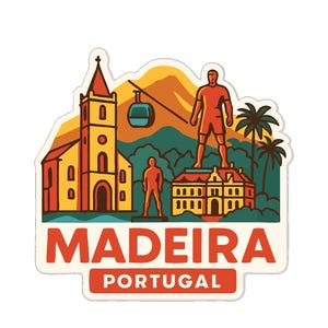 May include: A sticker featuring a Madeira, Portugal design. The illustration includes a church, cable car, statue, and palm trees. The word "MADEIRA" is in large red letters, with "PORTUGAL" below it.