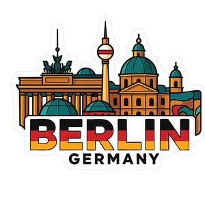 Op de afbeelding: Een sticker met een gestileerde illustratie van Berlijnse bezienswaardigheden, waaronder de Brandenburger Tor en een televisietoren. Het woord "BERLIJN" staat in vette letters met de kleuren van de Duitse vlag, en "DUITSLAND" staat eronder.