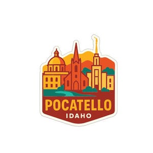 May include: A sticker featuring a stylized illustration of Pocatello, Idaho. The design includes buildings in shades of orange, yellow, and red, with the city name and state name in a bold, dark red font. The sticker has a white border.