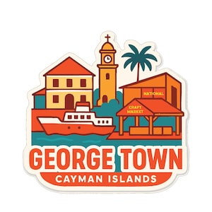 Puede incluir: Una colorida pegatina con una ilustración estilizada de George Town, Islas Caimán. El diseño incluye un barco, edificios, una torre del reloj y una palmera. El texto "GEORGE TOWN" y "CAYMAN ISLANDS" se muestra de forma destacada.