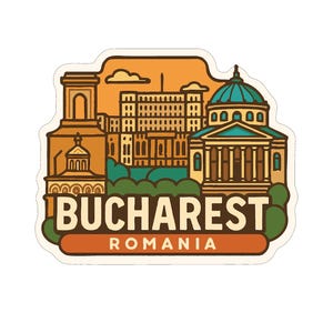 May include: A sticker featuring a stylized illustration of Bucharest, Romania. The design includes iconic buildings in shades of brown, orange, and teal, with the city name in bold letters. The sticker has a white border.