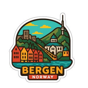 以下が含まれることがあります： ノルウェーのベルゲンをカラフルに描いたステッカー。街の象徴的なウォーターフロントの建物、ケーブルカー、緑の丘の上の塔がデザインされており、「BERGEN NORWAY」の文字が添えられています。