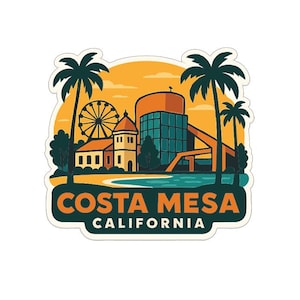 May include: A sticker featuring a stylized illustration of Costa Mesa, California. The design includes palm trees, a Ferris wheel, and buildings against an orange and yellow sky. The text "COSTA MESA CALIFORNIA" is prominently displayed.