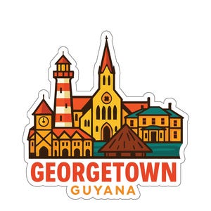 Puede incluir: Una pegatina con una colorida ilustración de Georgetown, Guyana. El diseño incluye un faro, una iglesia y otros edificios, con el texto "GEORGETOWN GUYANA" en naranja.