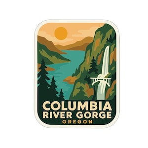May include: A rectangular sticker featuring a scenic landscape of the Columbia River Gorge in Oregon. The design includes a waterfall, bridge, river, mountains, and a setting sun. The text "COLUMBIA RIVER GORGE OREGON" is at the bottom.