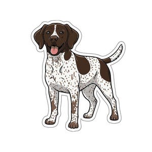 May include: A sticker featuring a cartoon illustration of a German Shorthaired Pointer dog. The dog has a brown head and patches, with a white and brown speckled body. It is standing with its tongue out.