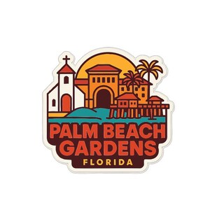 May include: A sticker featuring a colorful illustration of Palm Beach Gardens, Florida. The design includes a church, buildings, palm trees, and a pier, with the text "PALM BEACH GARDENS FLORIDA" in a stylized font.
