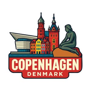 Pode incluir: Um logotipo colorido de Copenhaga, Dinamarca, com marcos icónicos. O design inclui um edifício moderno, edifícios históricos e a estátua da Pequena Sereia. O texto "COPENHAGEN DENMARK" é exibido num banner vermelho.