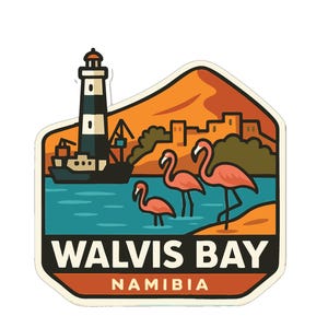 May include: A sticker featuring a coastal scene with a lighthouse, ship, and flamingos. The text "WALVIS BAY NAMIBIA" is displayed in a bold font, with a stylized design and a color palette of orange, teal, and black.