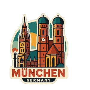 Peut inclure: Un autocollant représentant une illustration stylisée de Munich, en Allemagne. Le design comprend des bâtiments emblématiques en orange, marron et jaune, avec des dômes turquoise. Le mot "MÜNCHEN" est en rouge, avec "GERMANY" en dessous.