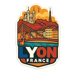 May include: A colorful sticker featuring a stylized illustration of Lyon, France. The design includes a bridge, buildings, and the text "LYON FRANCE" in bold letters. The sticker has a retro travel aesthetic.