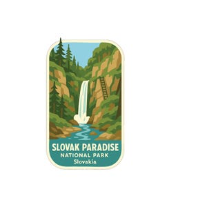 Pode incluir: Um patch retangular com uma cachoeira em uma paisagem verde. A imagem mostra uma cachoeira caindo em um rio, com árvores e uma escada. O texto "SLOVAK PARADISE NATIONAL PARK Slovakia" está na parte inferior.