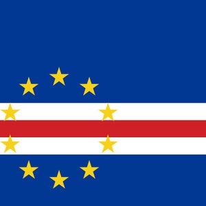 May include: The flag of Cape Verde features a blue field with a red horizontal stripe and a white horizontal stripe. Ten yellow five-pointed stars are arranged in a circle in the centre of the flag.
