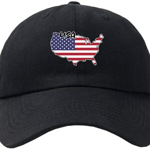 May include: A black baseball cap featuring an outline of the United States of America with the American flag inside and the word "USA" above it.