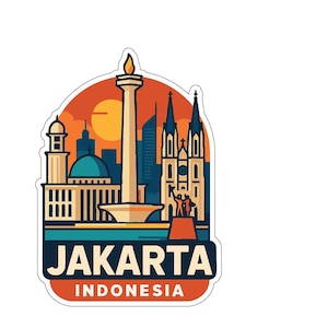 May include: A sticker featuring a Jakarta, Indonesia design. The design includes a tall monument, buildings, and the text "JAKARTA INDONESIA" in a rectangular shape. The background is an orange and yellow sunset.