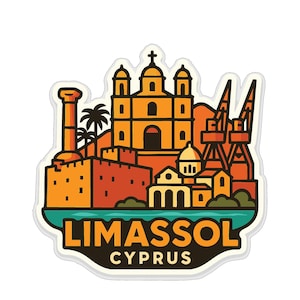 May include: A sticker featuring a colorful illustration of Limassol, Cyprus. The design includes buildings, cranes, and the text "LIMASSOL CYPRUS" in a stylized font. The sticker has a white border and a teal water line.