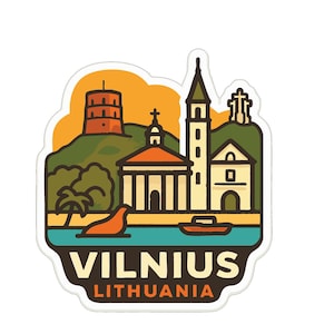 May include: A sticker featuring a stylized illustration of Vilnius, Lithuania. The design includes a tower, church, and a boat on a body of water, with the city name and country name at the bottom.