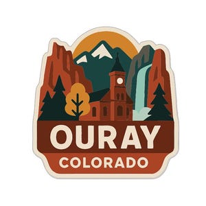 May include: A sticker featuring a scenic landscape of Ouray, Colorado. The design includes a church, mountains, a waterfall, and trees, with the text "OURAY COLORADO" in a bold font. The color palette includes shades of brown, green, and orange.