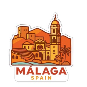 May include: A sticker featuring a stylized illustration of Málaga, Spain. The design includes a church, buildings, and a palm tree in shades of orange and brown. The word "MÁLAGA" is displayed in red, with "SPAIN" below.