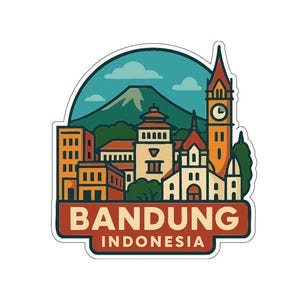 Könnte beinhalten: Ein Aufkleber mit einer farbenfrohen Illustration von Bandung, Indonesien. Das Design zeigt Gebäude, einen Berg und den Text "BANDUNG INDONESIA" in einer stilisierten Schriftart auf weißem Hintergrund.