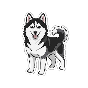 May include: A cartoon illustration of a Siberian Husky dog. The dog is depicted in a standing position with a happy expression, featuring black and white fur, a fluffy tail, and a pink tongue. The image has a white border and background.