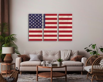 USA Flag Canvas Print Wall Art - 3 Panel Split Triptych or Single Panel