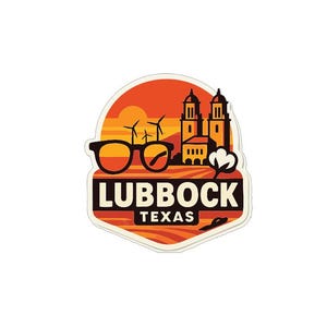 Puede incluir: Una pegatina con el texto "LUBBOCK TEXAS" en un diseño estilizado. El diseño incluye una puesta de sol, molinos de viento, edificios y gafas. La pegatina tiene un borde blanco y una forma geométrica.