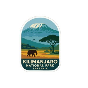 May include: A sticker featuring a scenic landscape of Kilimanjaro National Park in Tanzania. The design includes a mountain, an elephant, a tree, and the text "Kilimanjaro National Park Tanzania". The color palette includes shades of blue, green, brown, and yellow.