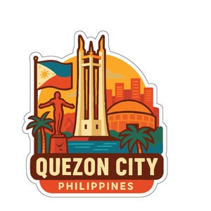 May include: A sticker featuring a stylized illustration of Quezon City, Philippines. The design includes a flag, a monument, palm trees, and the text "QUEZON CITY PHILIPPINES" in a rectangular frame. The background has an orange and yellow gradient.