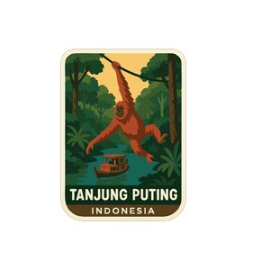 May include: A rectangular sticker depicting an orangutan swinging from a branch above a river with a boat. The sticker has a forest background and the text "TANJUNG PUTING INDONESIA". The orangutan is orange, the boat is brown, and the text is white.