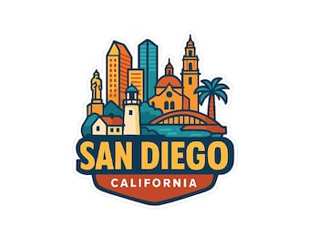 May include: A colorful San Diego, California sticker featuring a cityscape with buildings, a bridge, and a palm tree. The text "SAN DIEGO" is in yellow, and "CALIFORNIA" is in red.