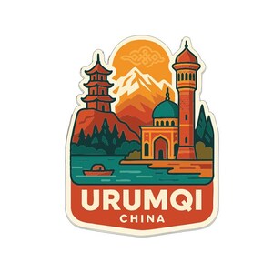 Op de afbeelding: Een sticker met een gestileerde illustratie van Urumqi, China. Het ontwerp bevat een pagode, een moskee, bergen en een meer met een boot. De tekst "URUMQI CHINA" staat in een vetgedrukte, oranje lettertype.