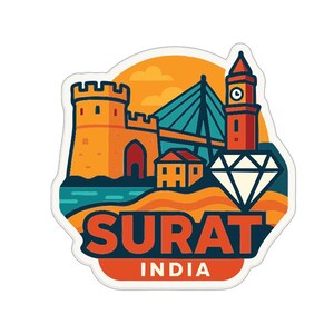 May include: A colorful sticker featuring a stylized illustration of Surat, India. The design includes a fort, bridge, clock tower, and a diamond, with the city's name and country below. The color palette includes orange, blue, and white.