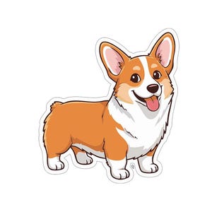 May include: A cartoon illustration of a Corgi dog with a white and orange coat, standing and smiling with its tongue out. The dog has large, upright ears and is set against a white background.