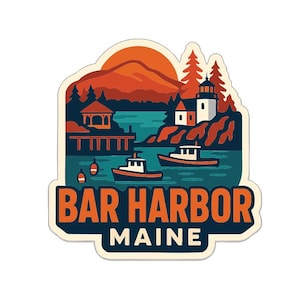 May include: A sticker featuring a scenic illustration of Bar Harbor, Maine. The design includes a lighthouse, boats, and the text "BAR HARBOR MAINE" in orange and white. The background depicts a sunset over the water.