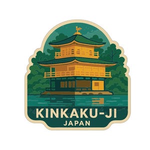 May include: A sticker depicting the Kinkaku-ji temple in Japan. The golden temple is set against green trees and water. The text "KINKAKU-JI JAPAN" is displayed at the bottom of the sticker.
