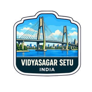 Puede incluir: Una pegatina rectangular con esquinas redondeadas que presenta una ilustración colorida del puente Vidyasagar Setu sobre un río azul. El cielo es azul claro con nubes blancas. El texto VIDYASAGAR SETU INDIA está impreso en blanco sobre una base azul.
